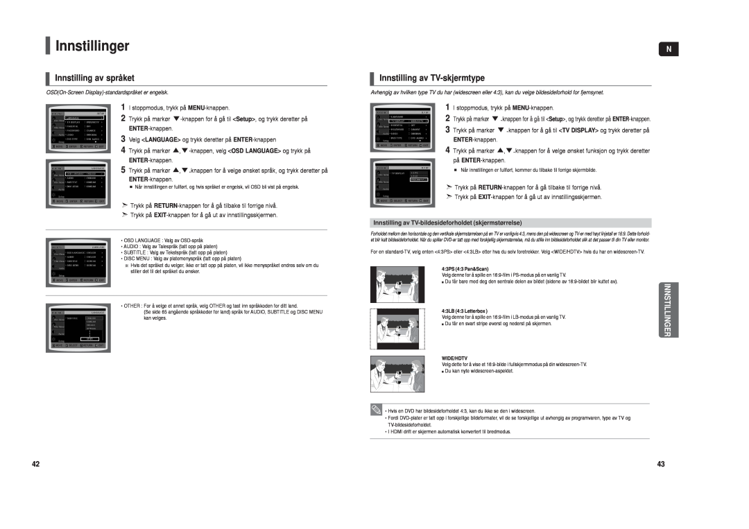 Samsung HT-TX35R/XEE, HT-X30R/XEE manual Innstillinger, Innstilling av språket, Innstilling av TV-skjermtype 
