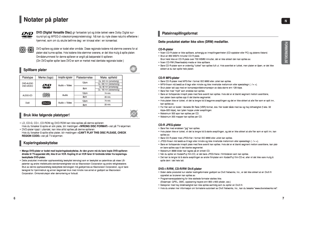 Samsung HT-TX35R/XEE manual Notater på plater, Spillbare plater, Bruk ikke følgende platetyper, Kopieringsbeskyttelse 