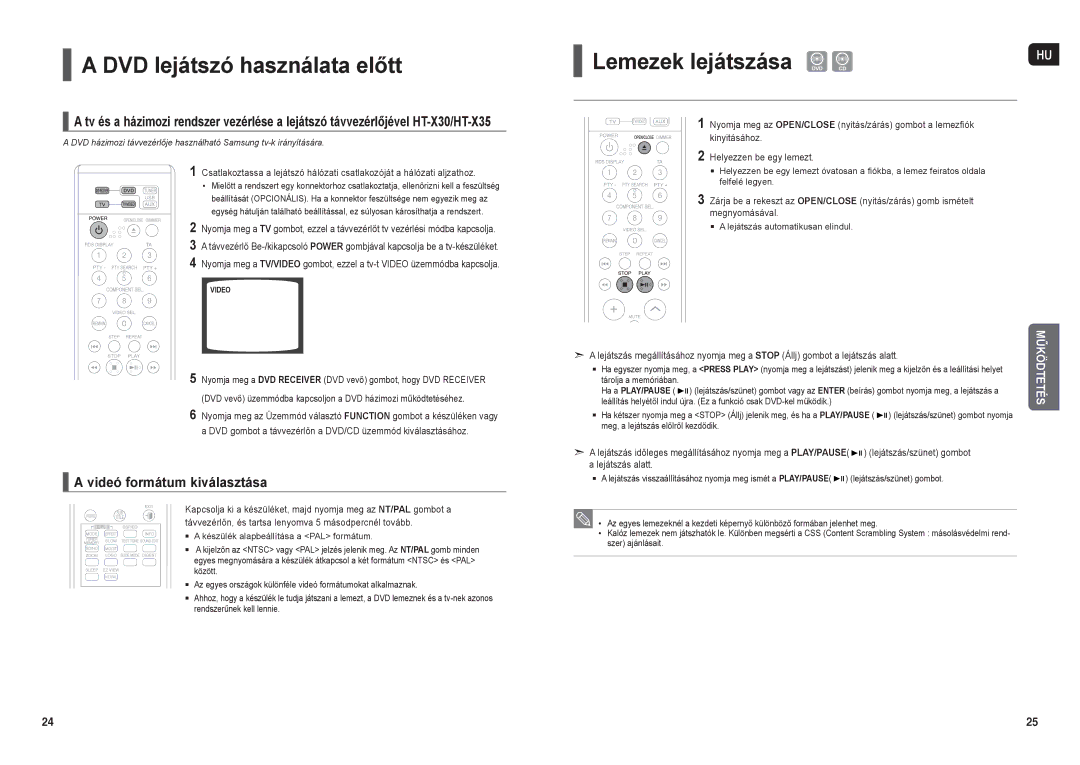 Samsung HT-TX35R/XET manual DVD lejátszó használata előtt, Videó formátum kiválasztása,  a lejátszás automatikusan elindul 