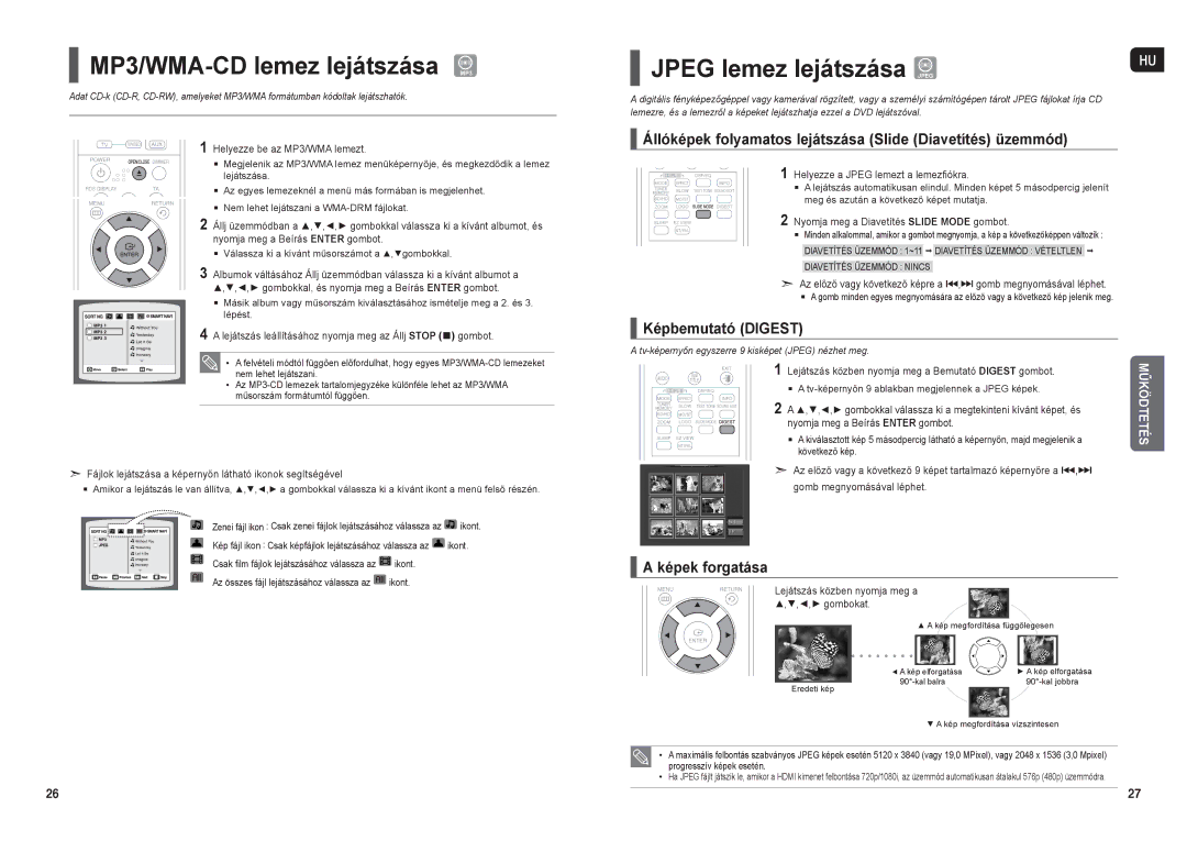 Samsung HT-TX35R/XEO MP3/WMA-CD lemez lejátszása MP3, Jpeg lemez lejátszása Jpeghu, Képbemutató Digest, Képek forgatása 
