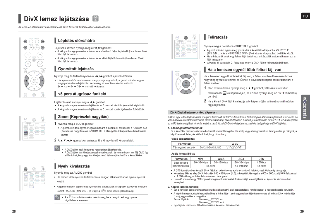 Samsung HT-TX35R/XEE, HT-X30R/XEF, HT-X30R/XEO, HT-TX35R/XET, HT-TX35R/XEO manual DivX lemez lejátszása DivX 