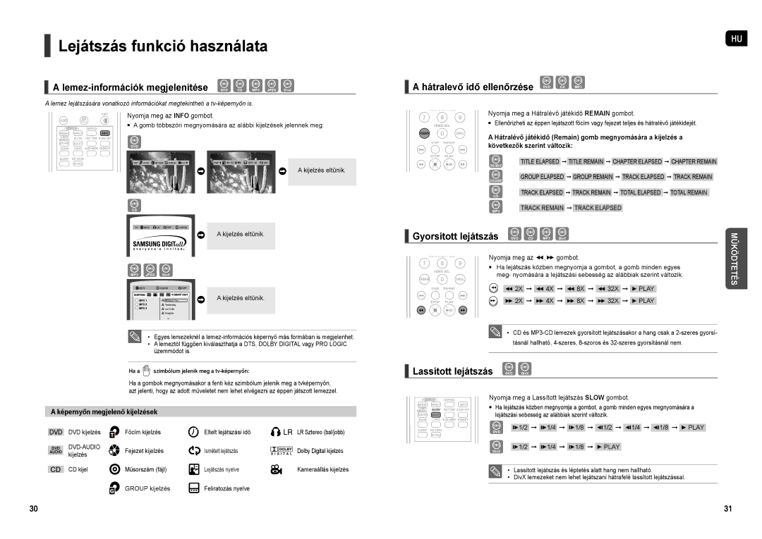 Samsung HT-X30R/XEF, HT-TX35R/XEE manual Lejátszás funkció használata, Lemez-információk megjelenítése DVD CD MP3 Jpeg DivX 