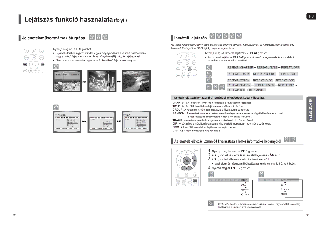 Samsung HT-X30R/XEO, HT-TX35R/XEE manual Lejátszás funkció használata folyt, Jelenetek/műsorszámok átugrása DVD CD MP3 