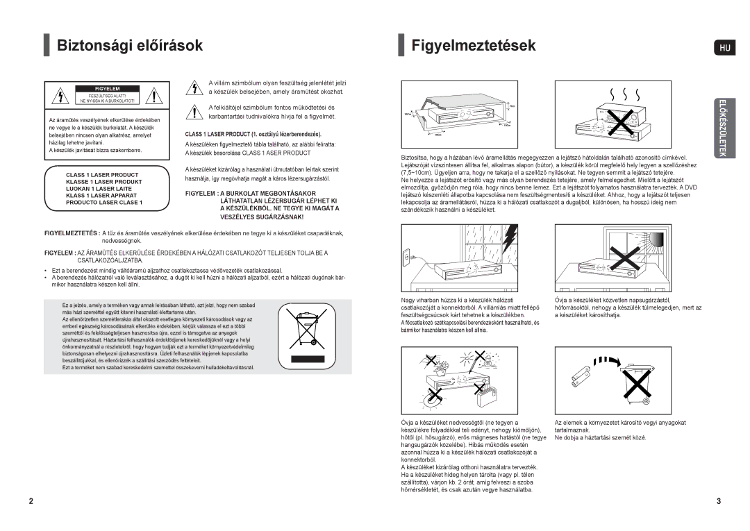 Samsung HT-X30R/XEO manual Biztonsági előírások FigyelmeztetésekHU, Class 1 Laser Product 1. osztályú lézerberendezés 