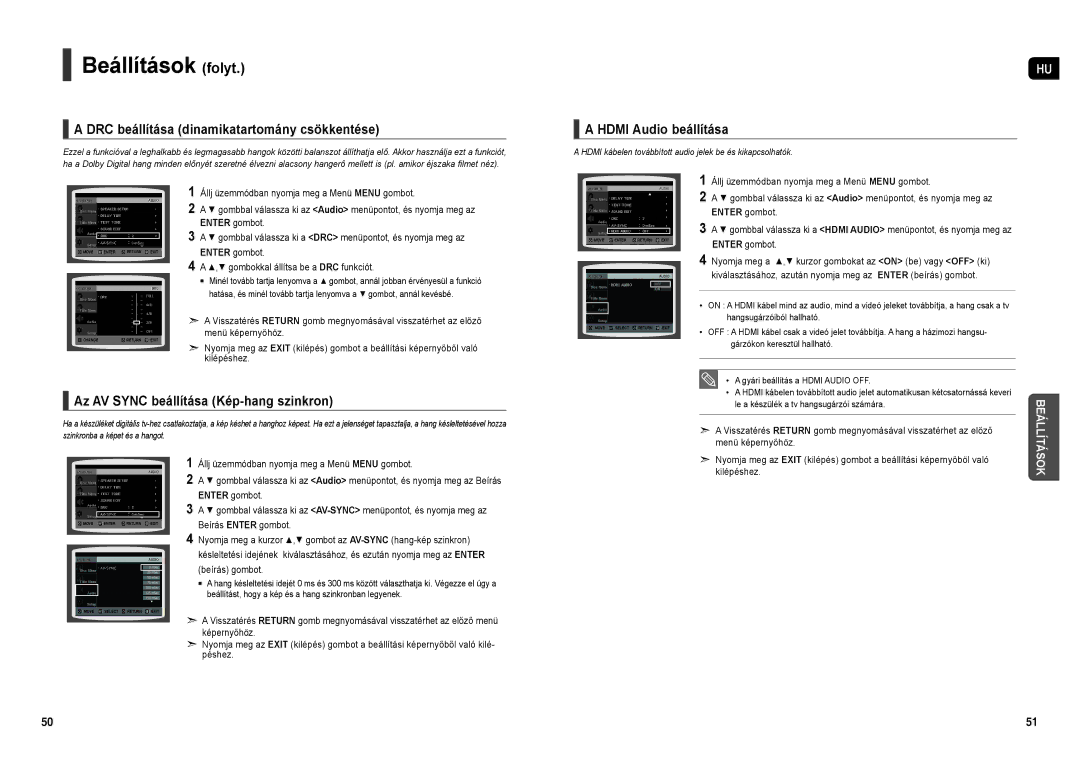 Samsung HT-X30R/XEF, HT-TX35R/XEE, HT-X30R/XEO manual DRC beállítása dinamikatartomány csökkentése, Hdmi Audio beállítása 