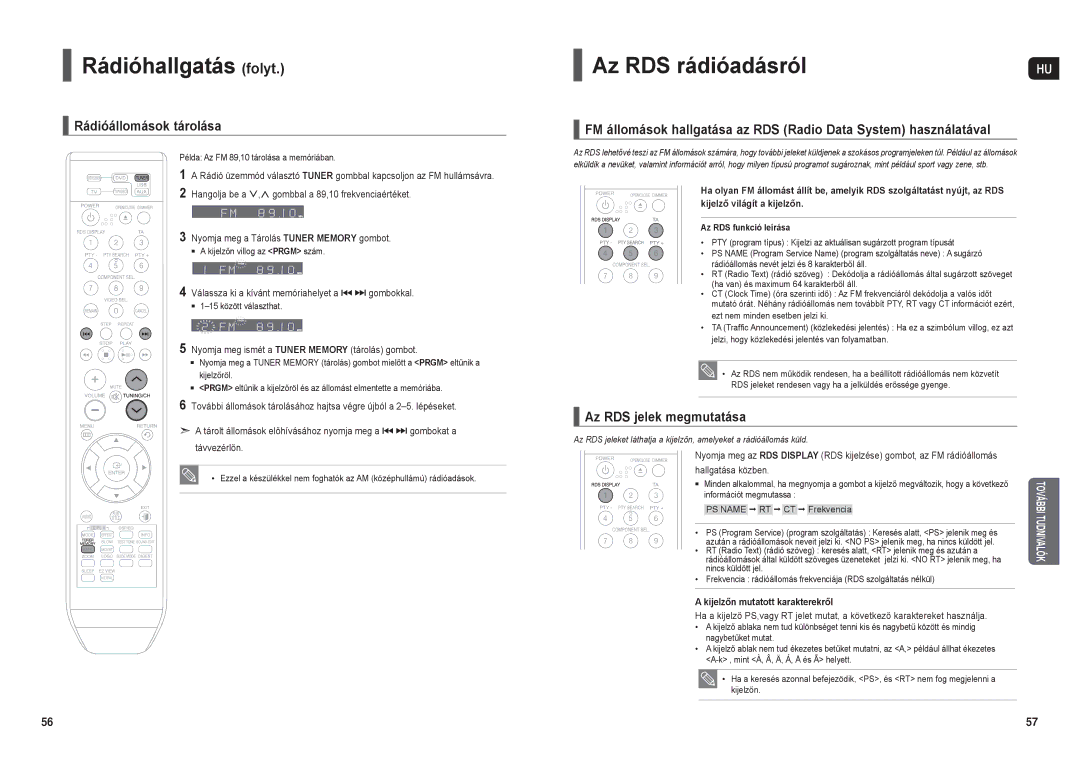 Samsung HT-TX35R/XEO, HT-TX35R/XEE, HT-X30R/XEF Rádióhallgatás folyt, Rádióállomások tárolása, Az RDS jelek megmutatása 