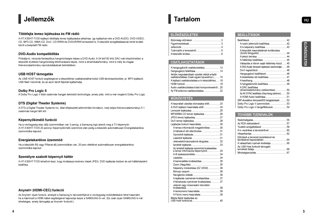 Samsung HT-TX35R/XET, HT-TX35R/XEE, HT-X30R/XEF, HT-X30R/XEO, HT-TX35R/XEO manual Jellemzők, Tartalom 