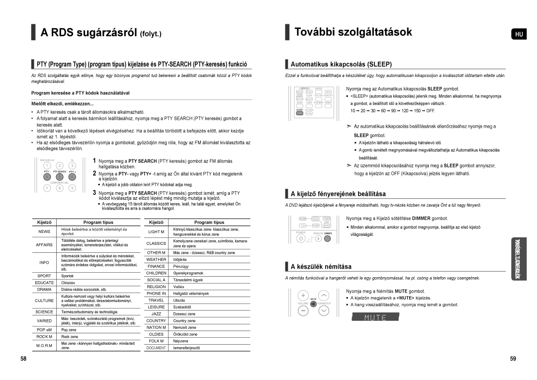 Samsung HT-TX35R/XEE, HT-X30R/XEF RDS sugárzásról folyt, Automatikus kikapcsolás Sleep, Kijelző fényerejének beállítása 