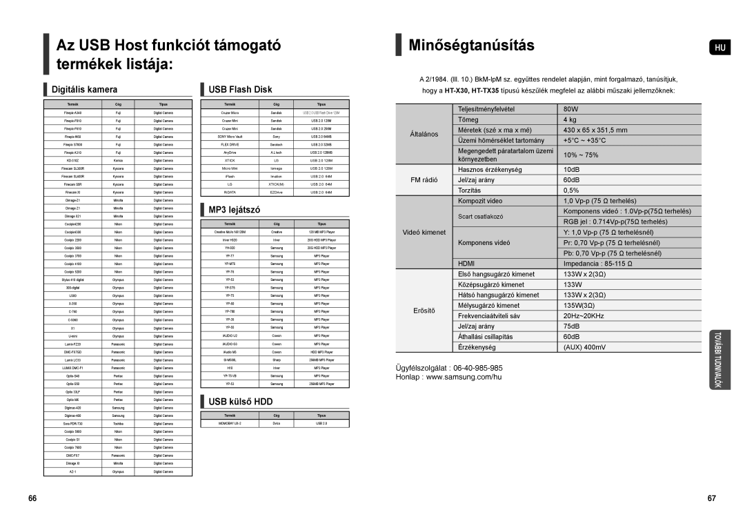 Samsung HT-TX35R/XEO, HT-TX35R/XEE, HT-X30R/XEF, HT-X30R/XEO Digitális kamera, USB Flash Disk, MP3 lejátszó, USB külső HDD 