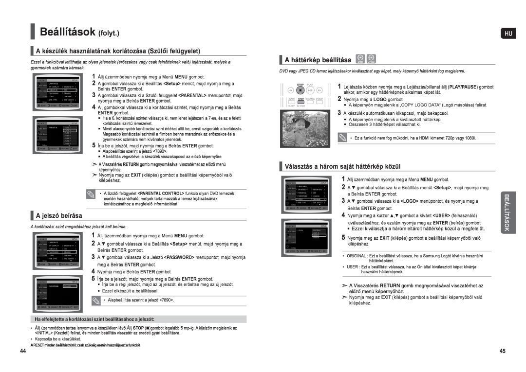 Samsung HT-TX35R/XET manual Beállítások folyt, A készülék használatának korlátozása Szülői felügyelet, A jelszó beírása 