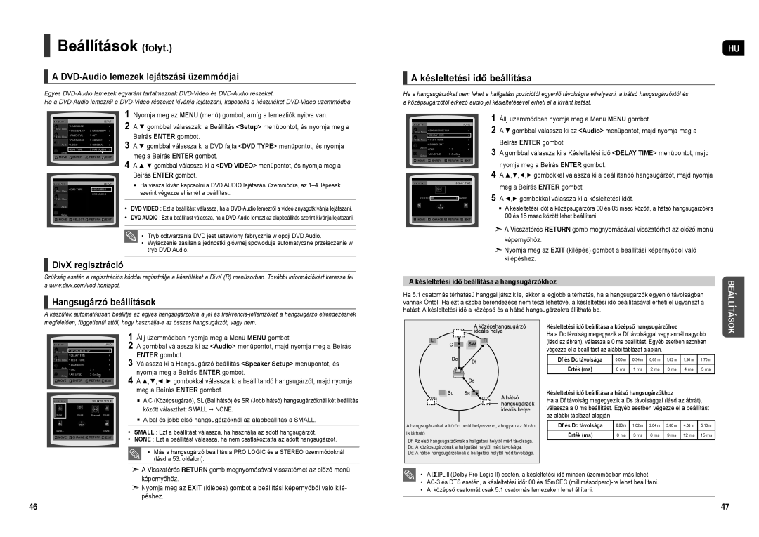 Samsung HT-TX35R/XEO manual A DVD-Audio lemezek lejátszási üzemmódjai, A késleltetési idő beállítása, DivX regisztráció 