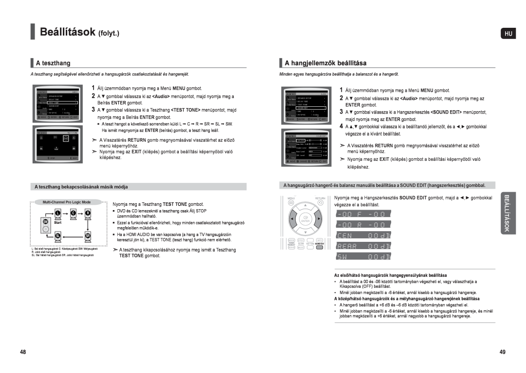 Samsung HT-TX35R/XEE manual A hangjellemzők beállítása, Beállítások folyt, A teszthang bekapcsolásának másik módja 