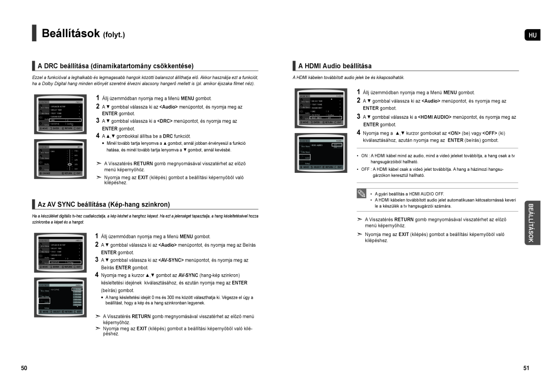 Samsung HT-X30R/XEF manual A DRC beállítása dinamikatartomány csökkentése, A HDMI Audio beállítása, Beállítások folyt 