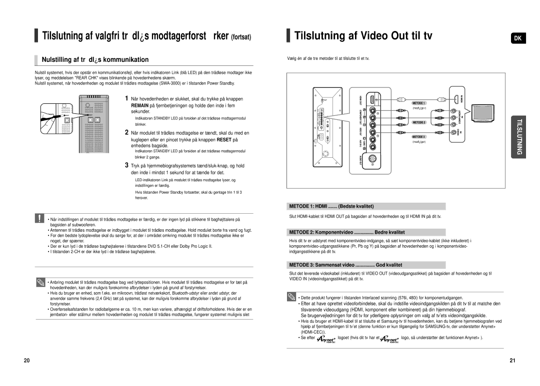 Samsung HT-TX500R/XEE manual Tilslutning af Video Out til tv, Nulstilling af trå dløs kommunikation 