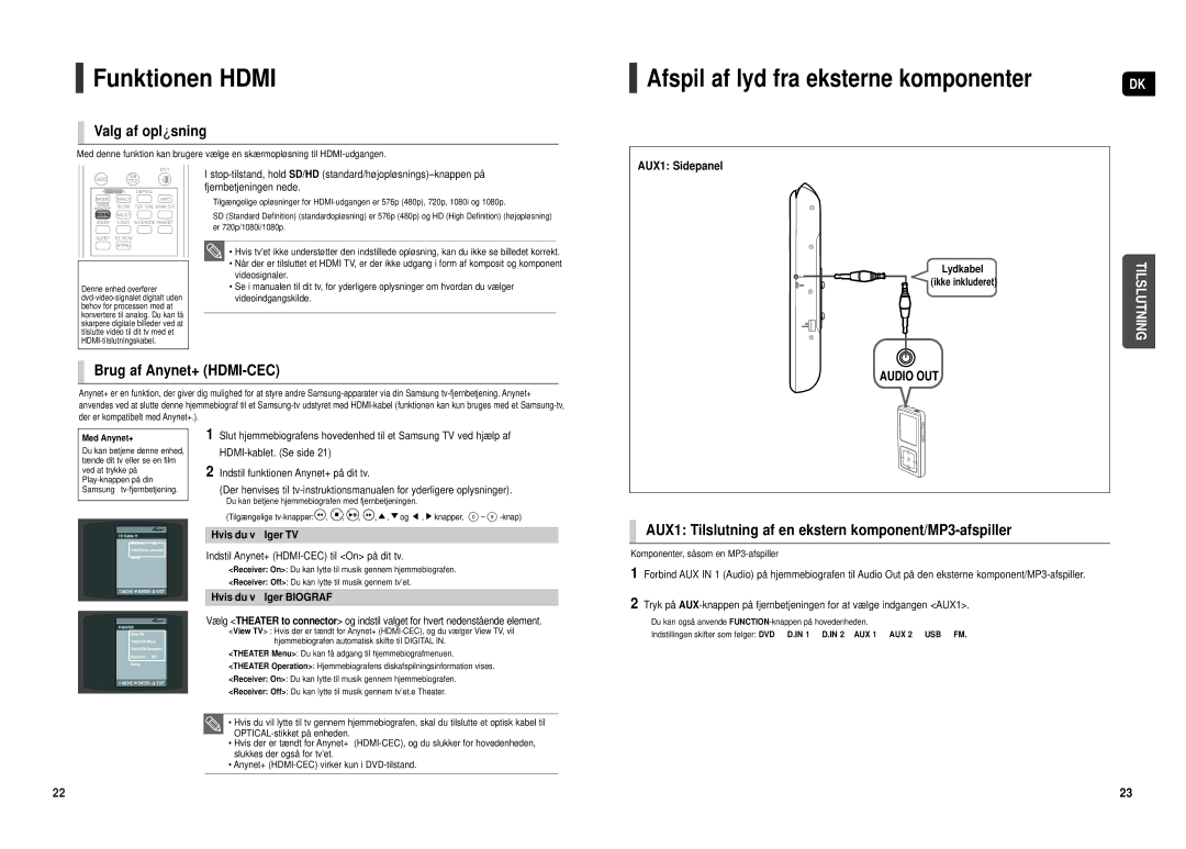 Samsung HT-TX500R/XEE Funktionen Hdmi, Afspil af lyd fra eksterne komponenter, Valg af opløsning, Brug af Anynet+ HDMI-CEC 