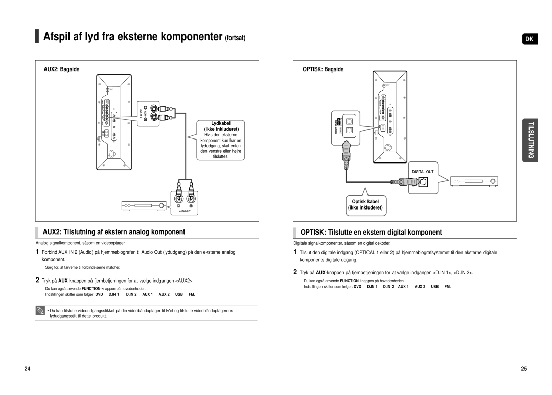 Samsung HT-TX500R/XEE manual Afspil af lyd fra eksterne komponenter fortsat, AUX2 Tilslutning af ekstern analog komponent 