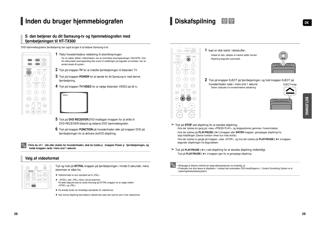 Samsung HT-TX500R/XEE manual Diskafspilning DVD CD, Valg af videoformat, Isæt en disk lodret i diskskuffen 