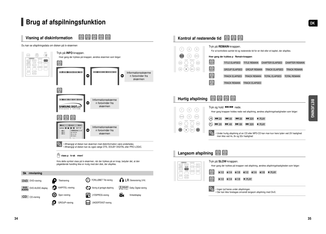 Samsung HT-TX500R/XEE manual Brug af afspilningsfunktion, Kontrol af resterende tid DVD CD MP3, Langsom afspilning DVD DivX 
