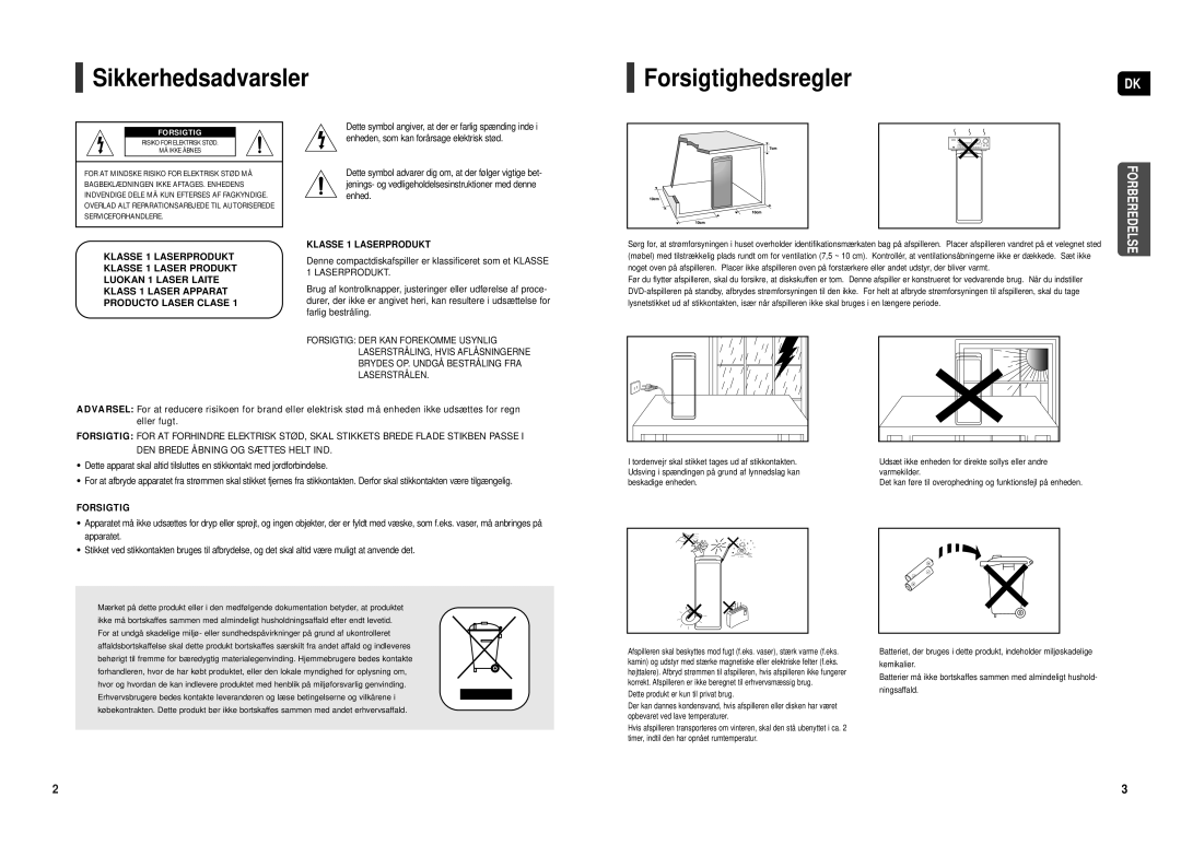 Samsung HT-TX500R/XEE Sikkerhedsadvarsler, Forsigtighedsregler, Denne compactdiskafspiller er klassificeret som et Klasse 