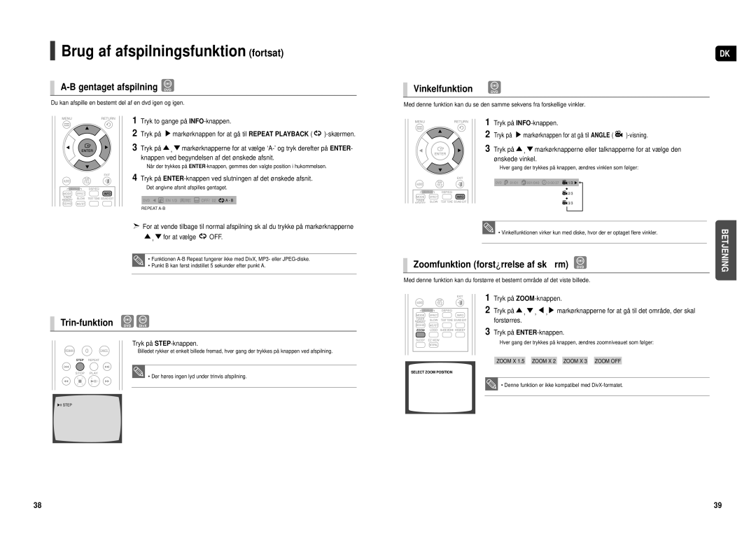 Samsung HT-TX500R/XEE manual Gentaget afspilning DVD, Trin-funktion DVD DivX, Vinkelfunktion DVD 