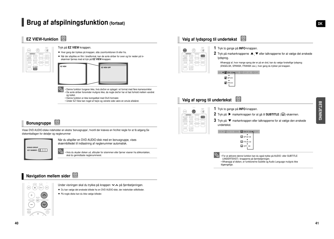 Samsung HT-TX500R/XEE manual EZ VIEW-funktion DVD, Bonusgruppe DVD-AUDIO, Navigation mellem sider DVD-AUDIO 