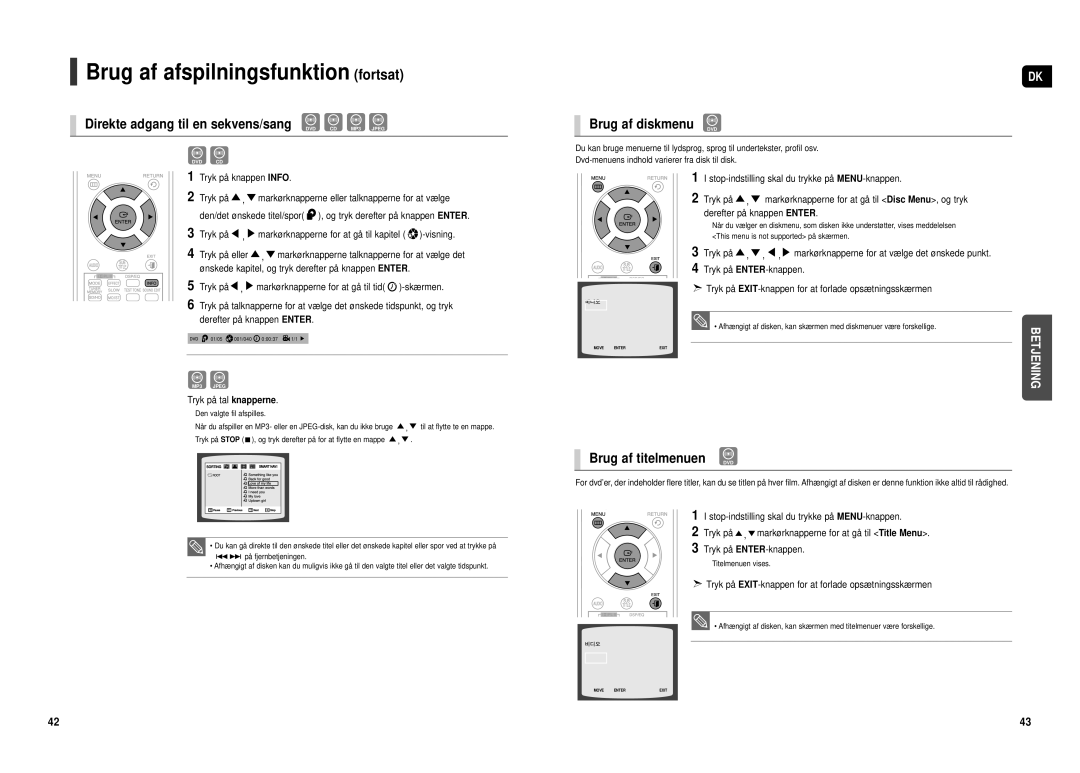 Samsung HT-TX500R/XEE manual Brug af diskmenu DVD, Brug af titelmenuen DVD, Tryk på tal knapperne 