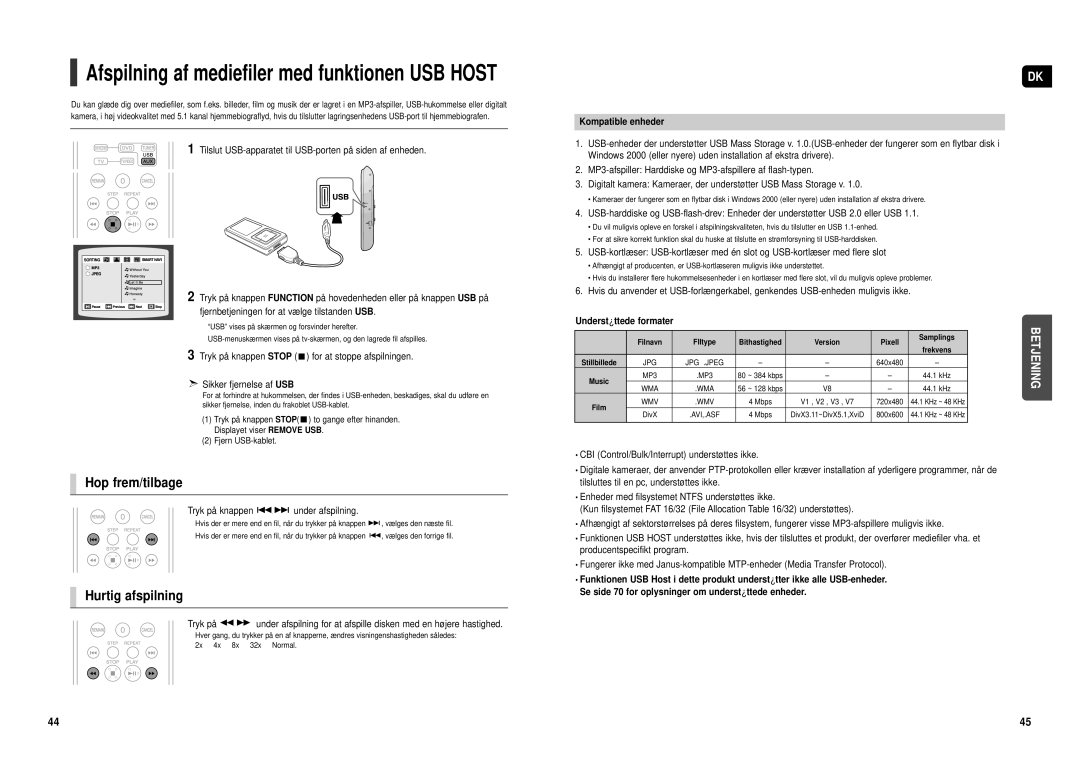 Samsung HT-TX500R/XEE manual Hop frem/tilbage, Tryk på knappen under afspilning, Kompatible enheder, Filnavn FIltype 