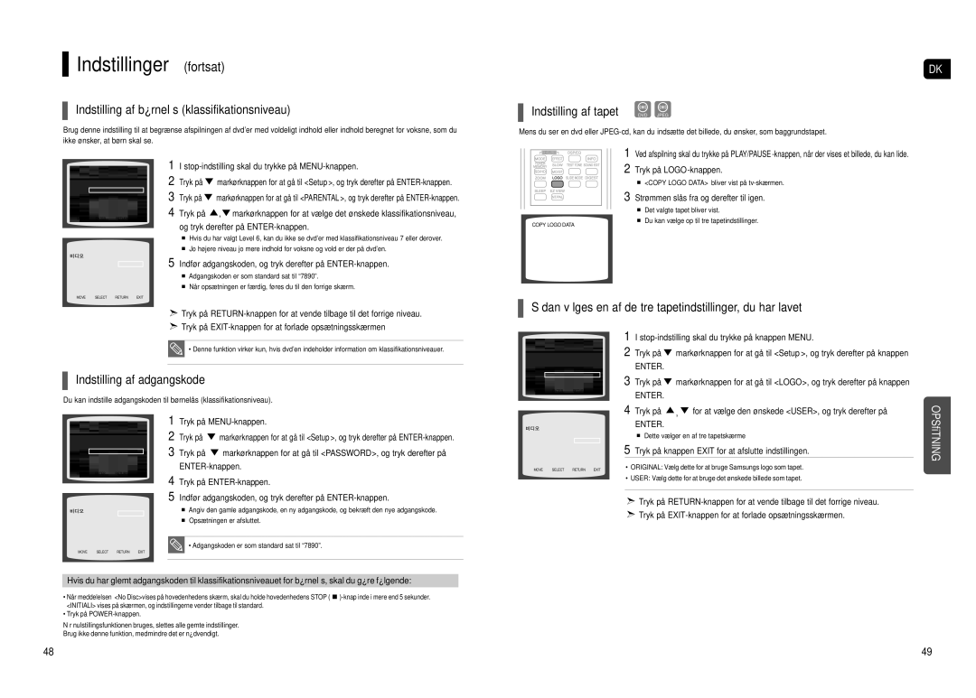 Samsung HT-TX500R/XEE Indstillinger fortsat, Indstilling af børnelås klassifikationsniveau, Indstilling af tapet DVD Jpeg 