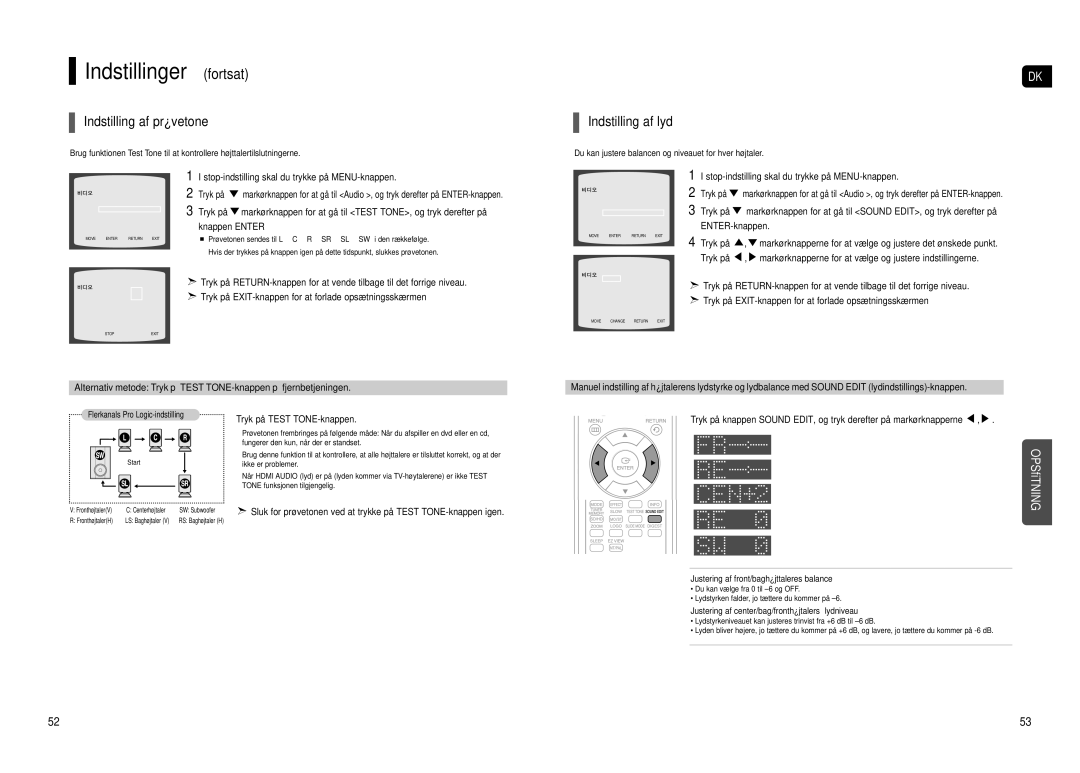 Samsung HT-TX500R/XEE manual Indstilling af prøvetone, Indstilling af lyd, Knappen Enter, Tryk på Test TONE-knappen 