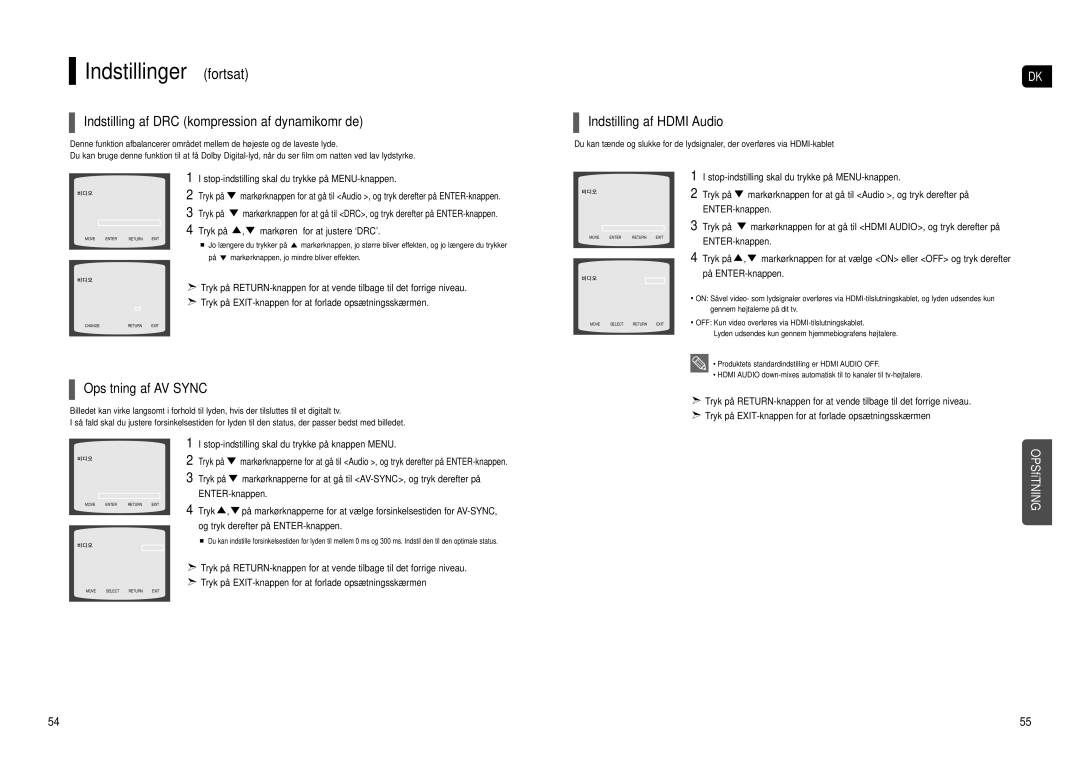 Samsung HT-TX500R/XEE Indstilling af DRC kompression af dynamikområde, Indstilling af Hdmi Audio, Opsætning af AV Sync 