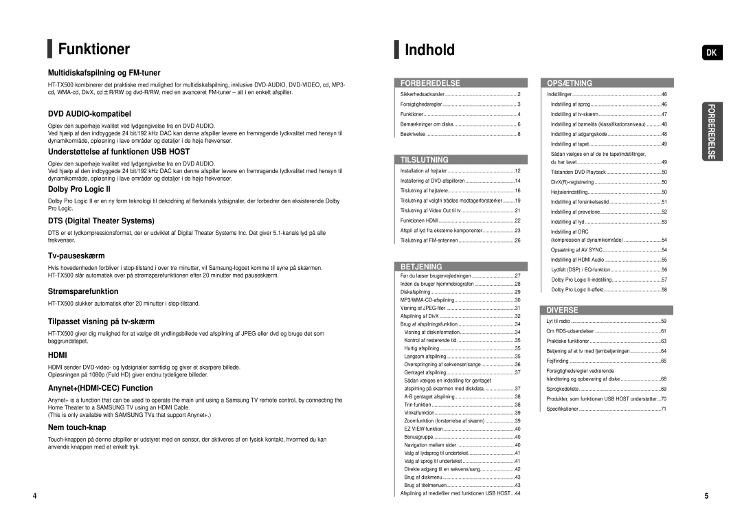 Samsung HT-TX500R/XEE manual Funktioner, Indhold 