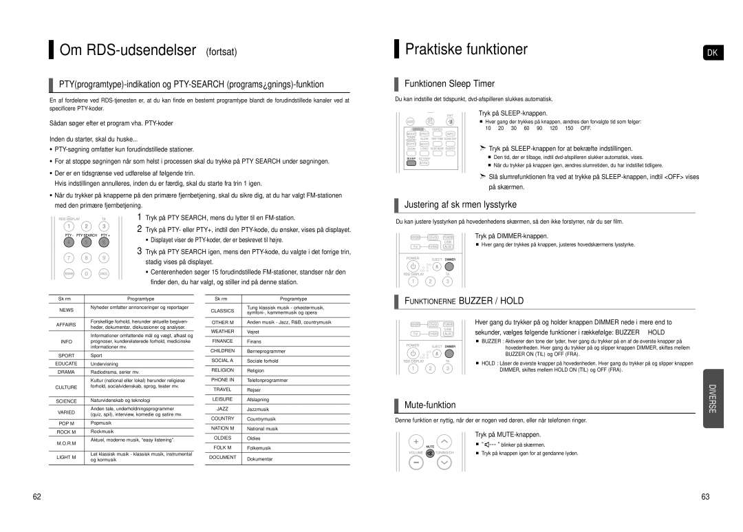 Samsung HT-TX500R/XEE manual Om RDS-udsendelser fortsat, Praktiske funktioner, Funktionen Sleep Timer, Mute-funktion 