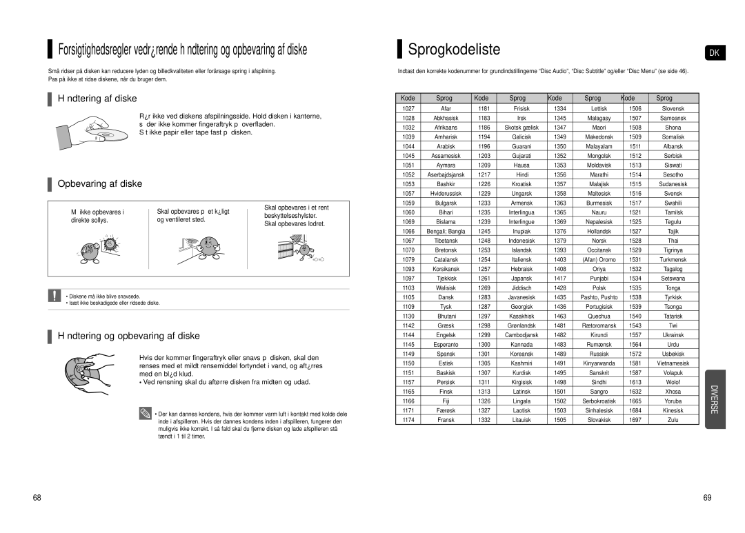 Samsung HT-TX500R/XEE manual Sprogkodeliste, Håndtering af diske, Opbevaring af diske, Håndtering og opbevaring af diske 