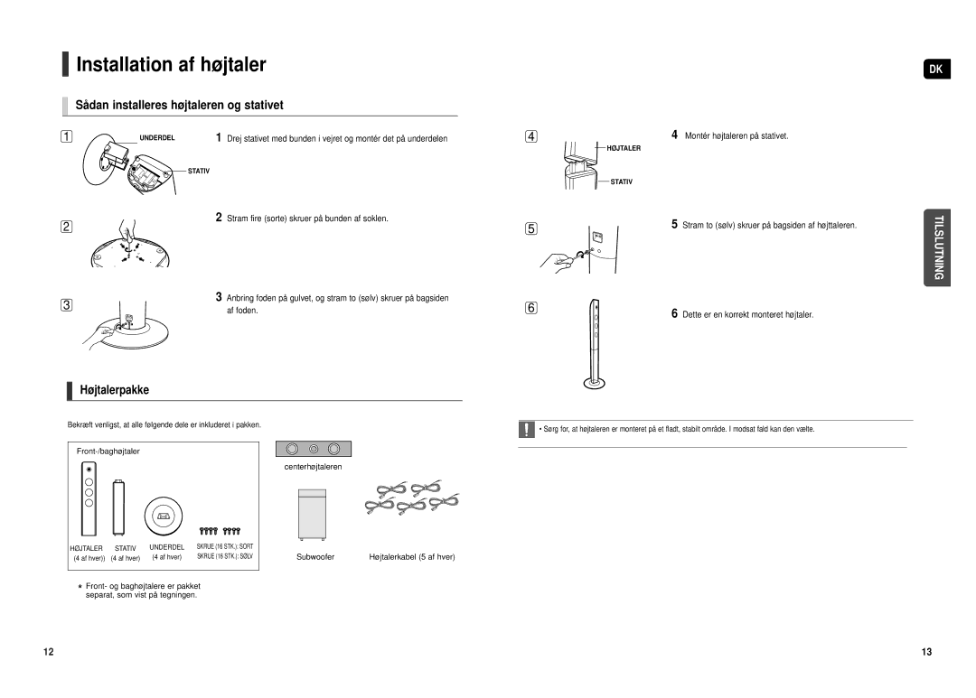 Samsung HT-TX500R/XEE manual Installation af højtaler, Så dan installeres højtaleren og stativet, Højtalerpakke 