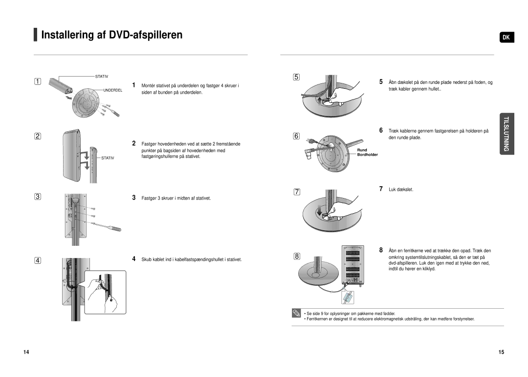 Samsung HT-TX500R/XEE Installering af DVD-afspilleren, Træk kablerne gennem fastgø relsen på holderen på, Den runde plade 