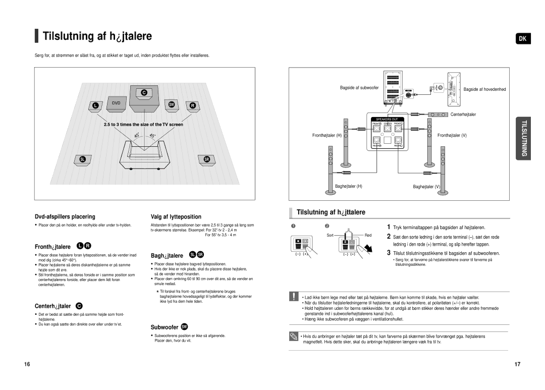 Samsung HT-TX500R/XEE manual Tilslutning af højtalere, Tilslutning af højttalere, Valg af lytteposition 