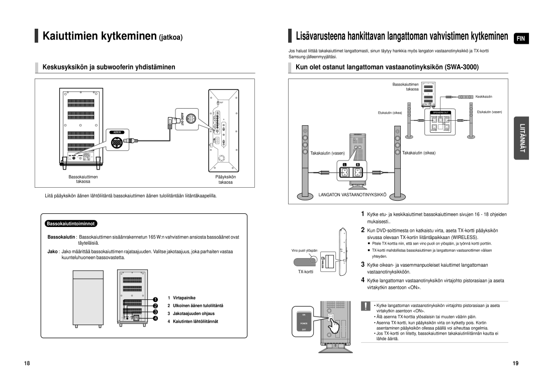 Samsung HT-TX500R/XEE manual Kaiuttimien kytkeminen jatkoa, Kun olet ostanut langattoman vastaanotinyksikö n SWA-3000 