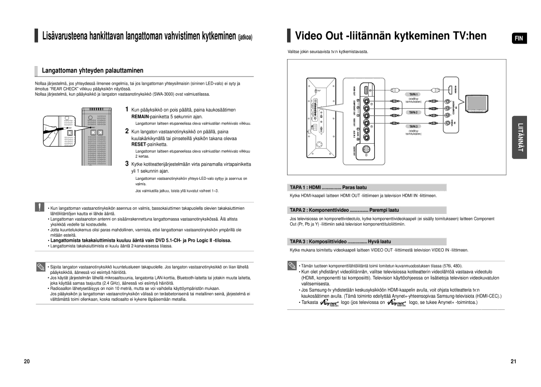 Samsung HT-TX500R/XEE manual Langattoman yhteyden palauttaminen, Valitse jokin seuraavista tvn kytkemistavasta 