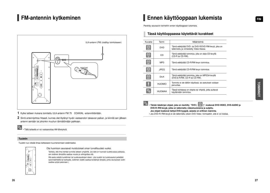 Samsung HT-TX500R/XEE manual FM-antennin kytkeminen, Ennen kä yttö oppaan lukemista, Tuuletin 