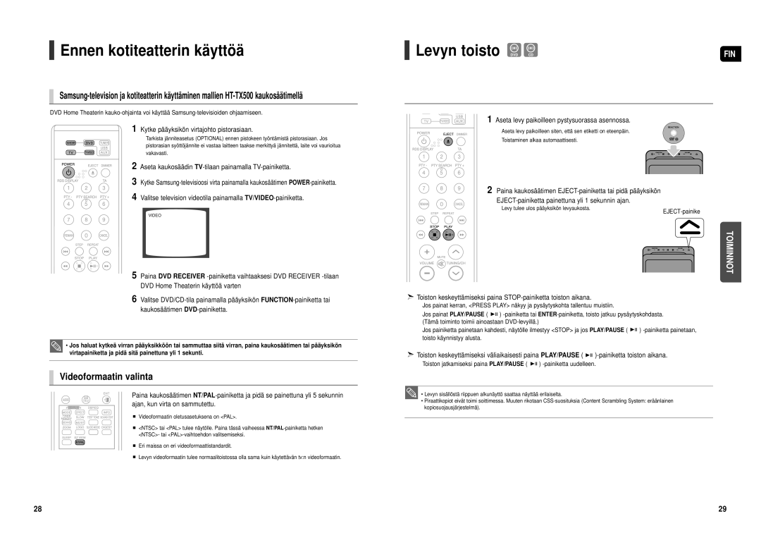 Samsung HT-TX500R/XEE Ennen kotiteatterin kä yttöä, Videoformaatin valinta, Kytke pää yksikön virtajohto pistorasiaan 