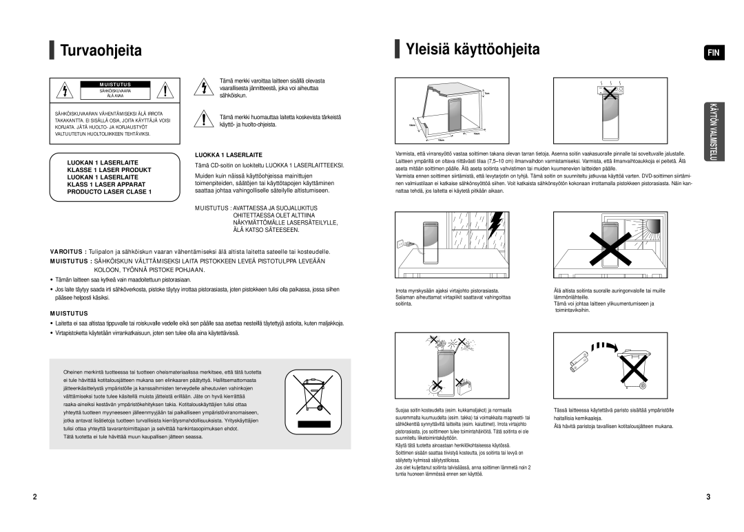 Samsung HT-TX500R/XEE manual Turvaohjeita, Tämä CD-soitin on luokiteltu Luokka 1 Laserlaitteeksi 