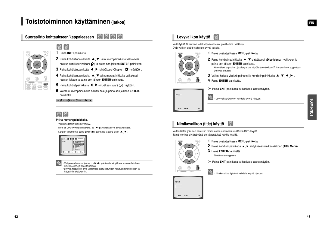 Samsung HT-TX500R/XEE Suorasiirto kohtaukseen/kappaleeseen DVD CD MP3 Jpeg, Levyvalikon kä yttö, Paina numeropainikkeita 