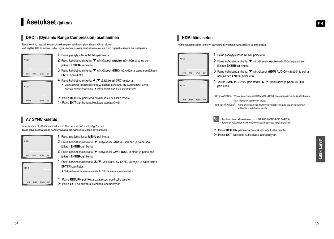 Samsung HT-TX500R/XEE manual DRCn Dynamic Range Compression asettaminen, HDMI-ääniasetus, AV Sync -asetus 