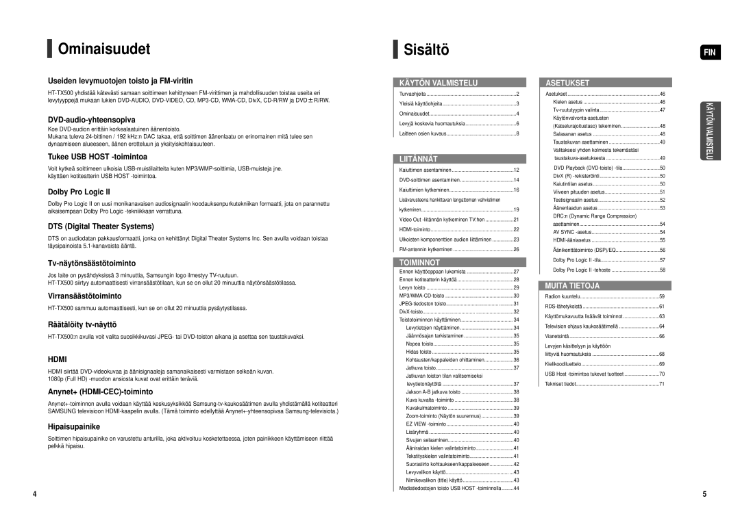 Samsung HT-TX500R/XEE manual Ominaisuudet, Sisä ltö 