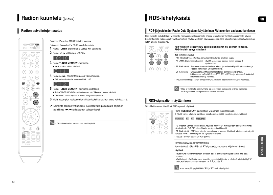 Samsung HT-TX500R/XEE Radion kuuntelu jatkoa, RDS-lähetyksistä, Radion esivalintojen asetus, RDS-signaalien näyttäminen 