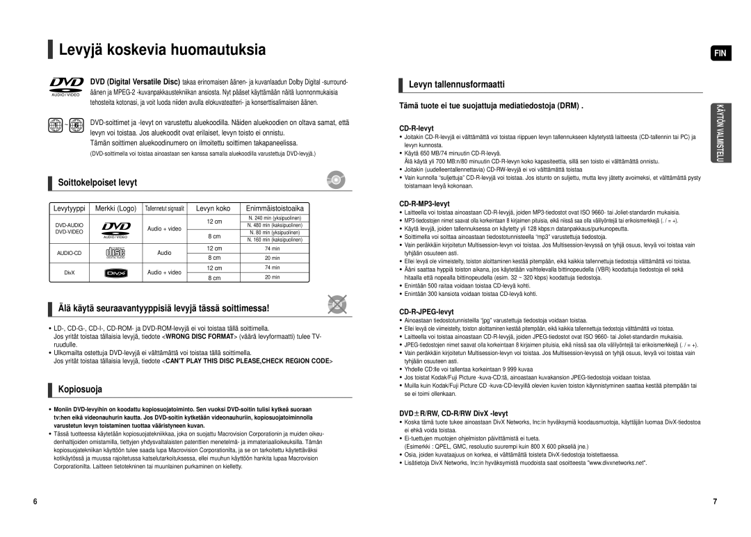 Samsung HT-TX500R/XEE manual Levyjä koskevia huomautuksia, Soittokelpoiset levyt, Kopiosuoja, Levyn tallennusformaatti 