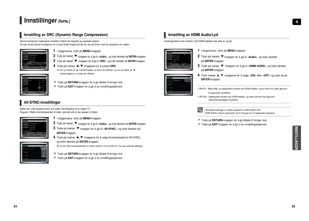 Samsung HT-TX500R/XEE Innstilling av DRC Dynamic Range Compression, Innstilling av Hdmi Audio/Lyd, AV-SYNC-innstillinger 