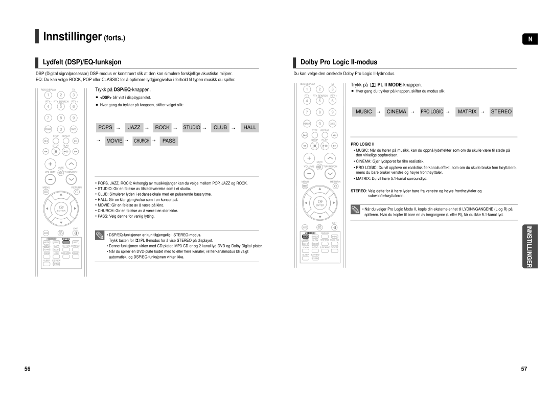 Samsung HT-TX500R/XEE manual Lydfelt DSP/EQ-funksjon, Dolby Pro Logic II-modus, Trykk på DSP/EQ-knappen 