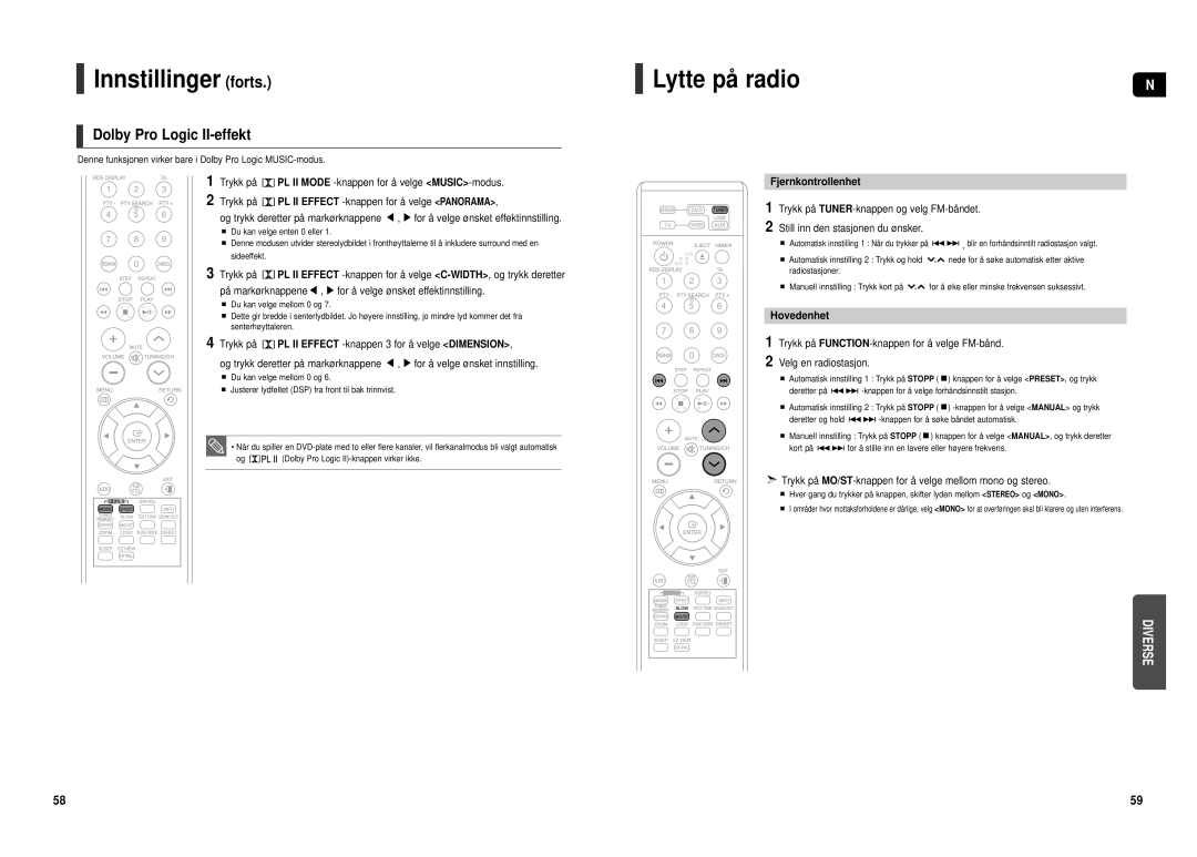 Samsung HT-TX500R/XEE manual Dolby Pro Logic II-effekt, Fjernkontrollenhet, Hovedenhet 