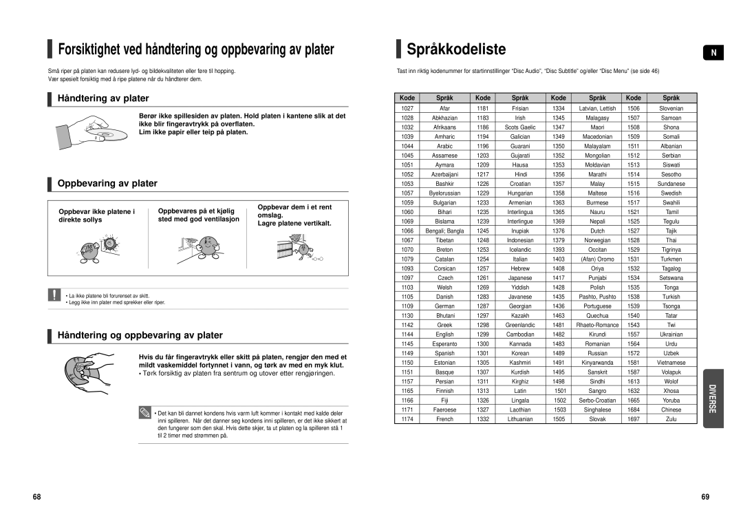 Samsung HT-TX500R/XEE Språkkodeliste, Håndtering av plater, Oppbevaring av plater, Håndtering og oppbevaring av plater 